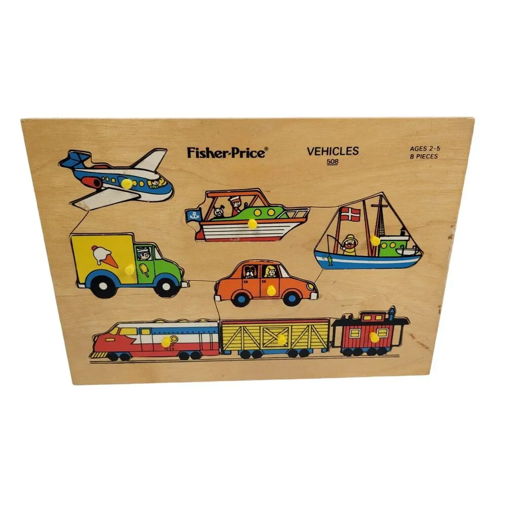 Vintage 1973 Fisher Price Quaker Oats Wooden Vehicles 8 Piece Jigsaw Puzzle